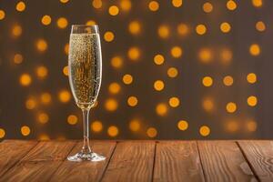 Glasses with champagne on a wooden background against a bokeh background of lights photo