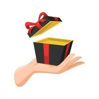Black Gift Box On Hand. Black Friday Sale Symbol Cartoon Illustration Vector