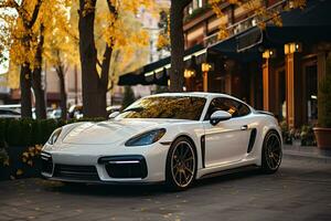 white porsche cayman parked on the street generative ai photo