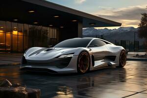 the new sports car is parked in front of a mountain generative ai photo