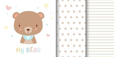 Greeting card with cute bear and children's pattern companion. Seamless pattern included in swatch panel. vector