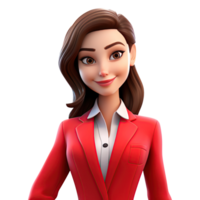 3D Cute cartoon woman character. Cartoon businesswoman wearing red suit on transparent background. png