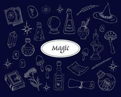 Magical doodle elements, magic poison bottles, crystal ball, witchcraft book and caldron, tarot cards. Collection of Mystical objects. Esoteric doodle elements and logo icons with hands, raven dagger. vector