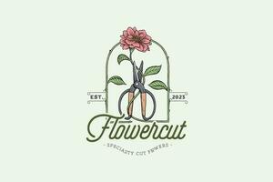 Vector scissors and flower shaped window logo. ancient and artistic vintage style