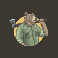 Illustration of a lumberjack bear icon on a black background. Wild free slogan, vintage style for t-shirts and logos vector