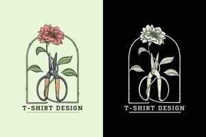 illustration of flowers with flower cutting scissors, classic vintage style t-shirt design vector