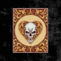 vintage style red heart ace poker skull illustration with ornaments and borders. textured black background vector