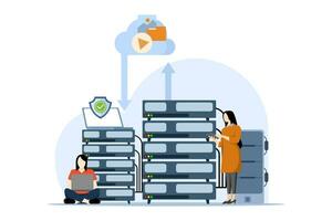 Concept of cloud storage, file downloading, database protection, data center, file management, computer system using cloud server. Digital documents and messages using modern connected PC technology. vector