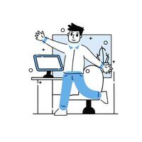 Man in office. Businessman goes to work. Outline happy business character at work. Linear interior of office with desk and computer. Modern cartoon isolated on white vector