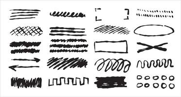 Set of doodle crosses, swirls, broken lines and arrow. Hand-drawn geometric shapes. Abstract sketch symbols. vector