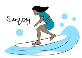 Ebony woman riding surfboard. Vector illustration