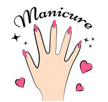 Hand with pink manicure on white background vector