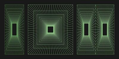 Cyber grid, retro punk perspective rectangular tunnel. Grid tunnel geometry on black background. Vector illustration.