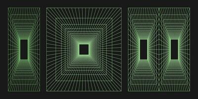 Cyber grid, retro punk perspective rectangular tunnel. Grid tunnel geometry on black background. Vector illustration.