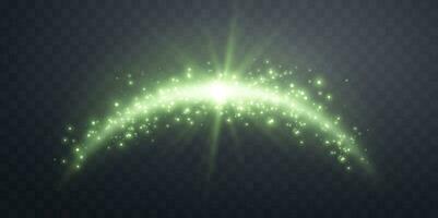 Green magic arch with glowing particles, sunlight lens flare. Neon realistic energy flare arch. Abstract light effect. Vector illustration.