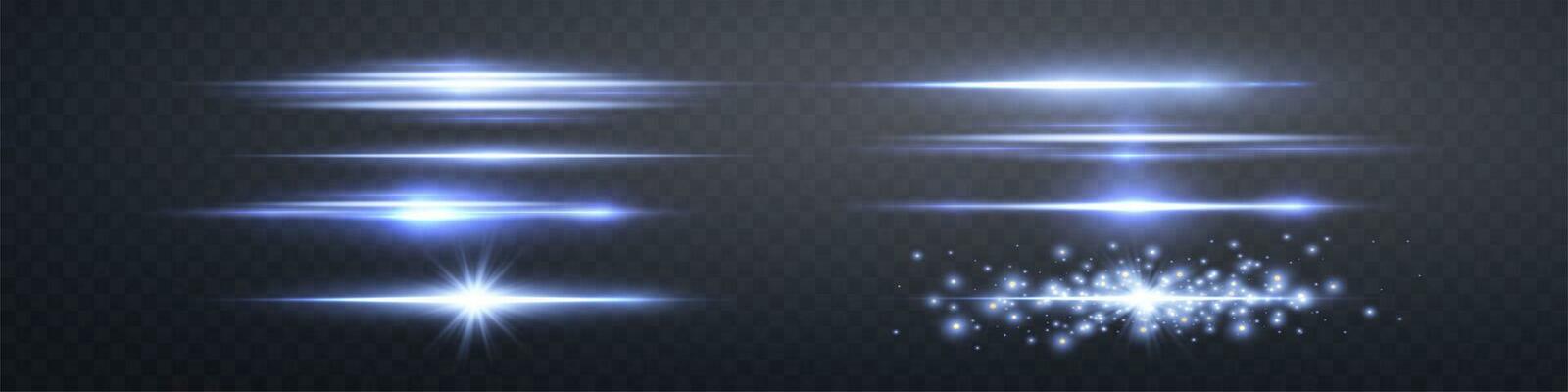 Blue lensflares set. Light flash with rays or blue spotlight. Glow flare light effect. Vector illustration. Isolated on dark transparent background.