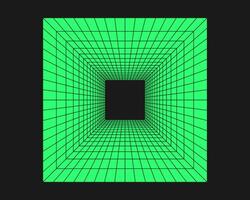 Cyber grid, retro punk perspective rectangular tunnel. Grid geometry tunnel, y2k element style on black background. Vector trendy illustration.