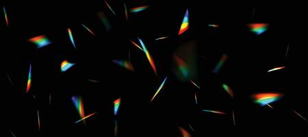 Blurred rainbow refraction overlay effect. Light lens prism effect on black background. Holographic reflection, crystal flare leak shadow overlay. Vector abstract illustration.