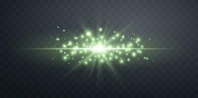 Green horizontal lensflare. Light flash with rays or green spotlight. Glow flare light effect. Vector illustration.