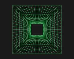 Cyber grid, retro punk perspective rectangular tunnel. Grid geometry tunnel, y2k element style on black background. Vector trendy illustration.