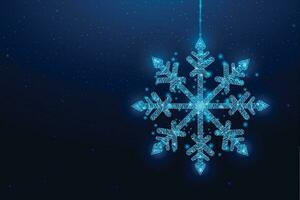 Hanging wireframe snowflake in low poly style. Christmas and New Year concept. Abstract modern vector illustration isolated on blue background