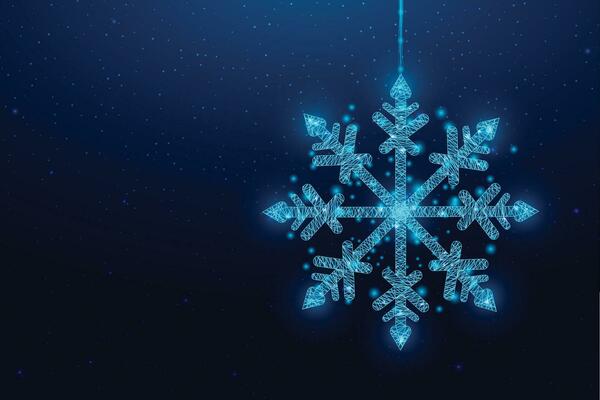 Hanging wireframe snowflake in low poly style. Christmas and New Year concept. Abstract modern vector illustration isolated on blue background