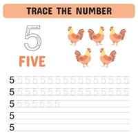 Trace the number . Tracing number 5 worksheet for kindergarten, preschool  for learning numbers and handwriting practice activities. Educational children game, printable worksheet. Vector illustration