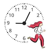 Time management. Woman and clock on white background vector