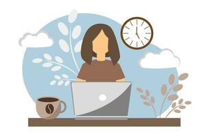 Woman with laptop and cup of coffee vector