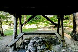 a wooden bench under a gazebo in the woods photo