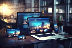 Modern digital devices on table in office with city view. 3D Rendering photo