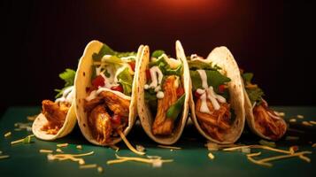 Traditional mexican tacos with meat and vegetables on dark background. photo