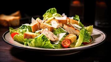 Caesar salad with chicken and croutons on a wooden table. photo