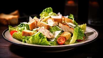 Caesar salad with chicken and croutons on a wooden table. AI Generative photo