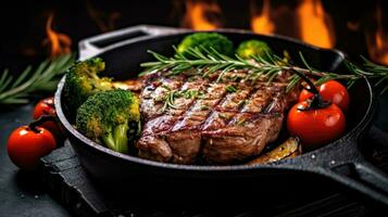 Grilled beef steak with vegetables in a cast iron pan on dark background. AI Generative photo
