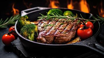 Grilled beef steak with vegetables in a cast iron pan on dark background. photo