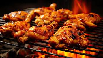 Barbecue with delicious grilled chicken wings on a grill grate, closeup. photo