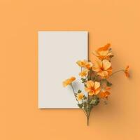 mockup with a white card and flowers in a minimalistic boho style.AI Generative photo