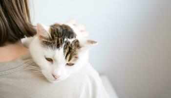 Owner holding sad and tired domestic cat photo