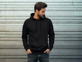 Attractive caucasian man wearing blank empty black hoodie mockup for design template,AI Generated photo