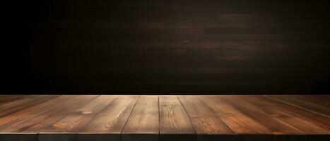 Blank wooden tabletop on black board wall background, mockup and display for product, banner style,AI Generated photo