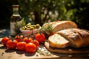 Olive oil, bread and vegetables on table outdoors. Generative AI photo