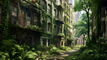 Manhattan Jungle Post-Apocalyptic Urban Overgrowth. Generative AI. photo