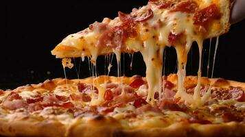 Delicious pizza with lots of cheese and very appetizing. Generative AI photo