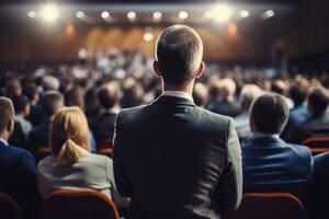 Rear side of audiences sitting and listening the speackers on the stage ai generative photo