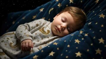 un bebé es dormido acogedor dormir debajo el estrellas y el Luna a noche. generativo ai foto