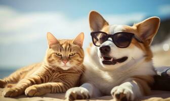 Dog in sunglasses and a calm cat enjoy a peaceful. AI generative. photo