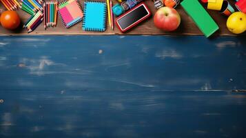 Top View of School Equipment Arranged in a Frame on a Wooden Background, A Back-to-School Concept Featuring Educational Supplies and the Teacher-Student Presentation Concept, Ai generative photo