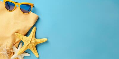 Summer holiday conceptTop view of beach bag with flip flops,beach towel,sunglasses,sunscreen and starfish with space for text over yellow and blue background, Generative AI photo