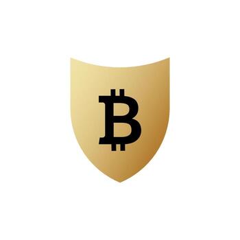 Golden shield with bitcoin sign. Virtual currency web security symbol and blockchain protection from viruses and hacking with mandatory user verification and firewall vector